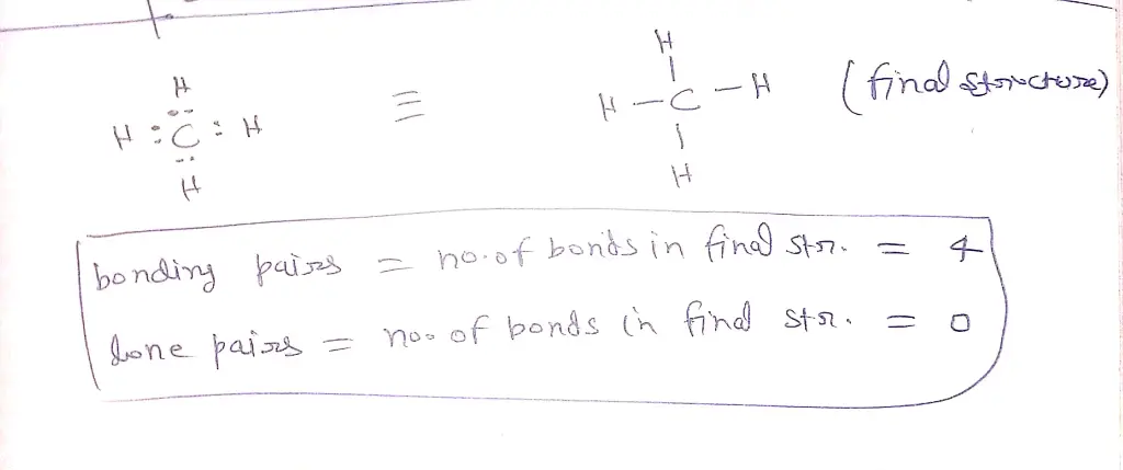below is the Lewis structure of chlorine


Below is the Lewis structure of the methane (CH_4) molecule  Count the number of bonding pairs and the number of lone pairs around the carbon atom.