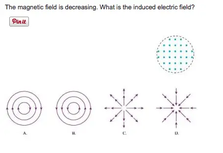 The magnetic field is decreasing. What is the induced electric
field?


The magnetic field is decreasing. What is the induced electric field? Pin比 A. B. D.