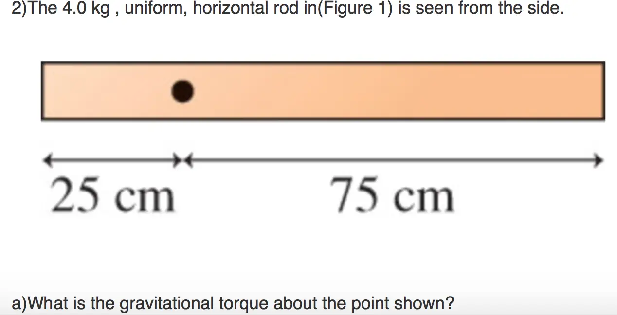 The 4.0 kg, uniform, horizontal rod in(Figure 1) is seen from the side.  What is the gravitational torque about the point shown?