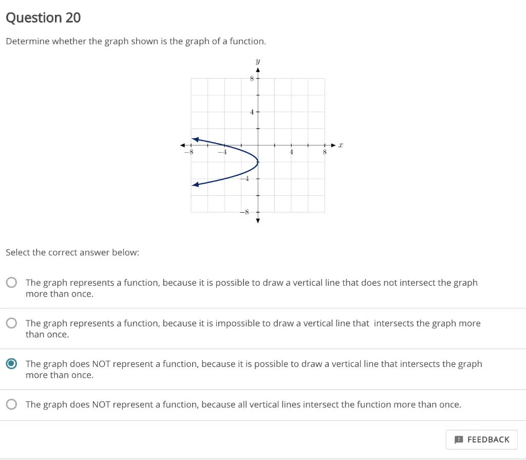 Question 20 Determine whether the graph shown is the graph of a function. -8 Select the correct answer below: O The graph represents a function, because it is possible to draw a vertical line that does not intersect the graph more than once. The graph represents a function, because it is impossible to draw a vertical line that intersects the graph more than once. The graph does NOT represent a function, because it is possible to draw a vertical line that intersects the graph more than once. O The graph does NOT represent a function, because all vertical lines intersect the function more than once. FEEDBACK