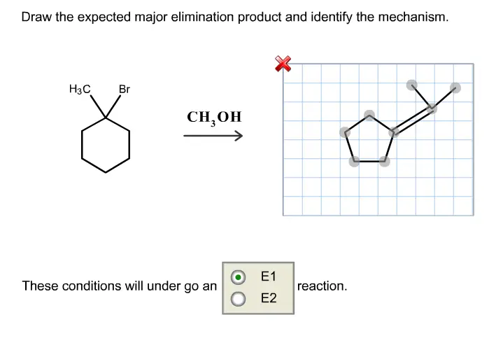 I keep getting this wrong. Please help!

Draw the expected major elimination product and identify the mechanism. H3C Br CH, OH E1 These conditions will under go an reaction. E2