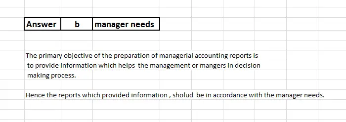 2. What is the primary criterion for the preparation of managerial accounting reports? a. relevance of the reports b. manager needs c. timing of the reports d. cost of the reports I