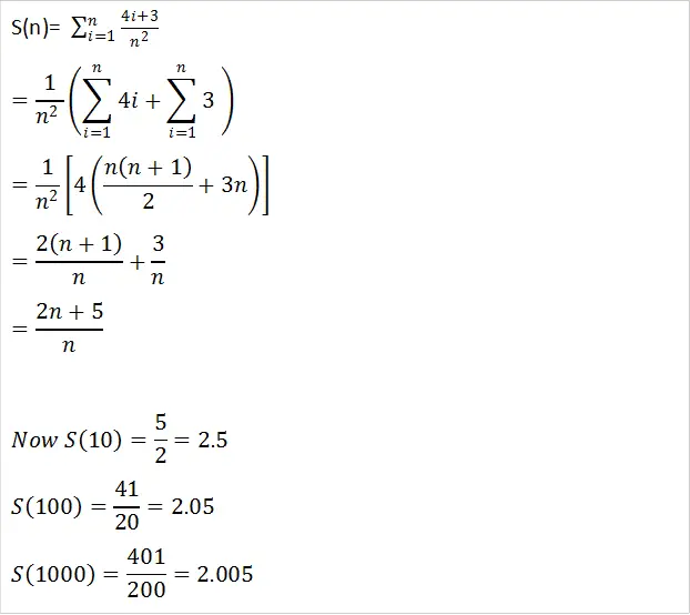 Use the summation formulas to rewrite the expression without the summation notation. Sigma n i = 1 4i + 3/n^2 Use the result to find the sums for n = 10, 100, 1000, and 10,000. n = 10 _______________ n = 100 _____________ n = 1,000 _____________ n = 10,000 ___________