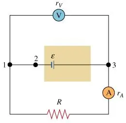 Consider the circuit shown. (Intro 1 figure) All wires are
considered ideal; that is, they have zero resistance. We will
assume for now that all other elements of the circuit are ideal,
too: The value of resistance is a constant, the internal
resistances of the battery and the ammeter are zero, and the
internal resistance of the voltmeter is infinitely large.
Intro 1:

---------------------------------------------------------------
Intro 2 

Part A
What is the reading of the voltmeter?
Express your answer in terms of the
EMF .

Part B
The voltmeter, as can be seen in the figure,
is connected to points 1 and 3. What are the respective voltage
differences between points 1 and 2 and between points 2 and
3?








































Part C
What is the reading of the ammeter?

Express your answer in terms of
and .

Now assume that the battery has a
nonzero internal resistance (but the voltmeter and the ammeter remain ideal).
(Intro 2 figure)
Part D
What is the reading of the ammeter now?
Express your answer in terms of
, , and .



Part E
What is the reading of the voltmeter
now?
Express your answer in terms of
, , and .
