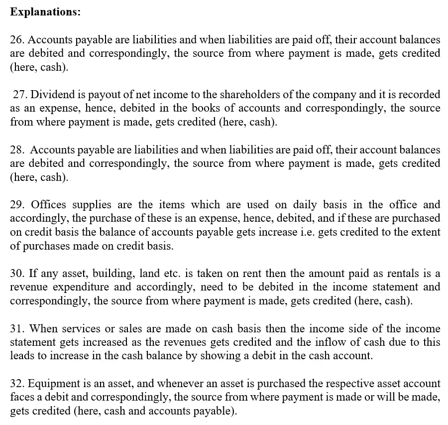 26. Which of the following entries records the payment of an account payable? a. debit Cash; credit Accounts Payable b. debit Accounts Receivable; credit Cash c. debit Cash; credit Supplies Expense d. debit Accounts Payable; credit Cash Which of the following entries records the payment of dividends in cash to Sue Martin. a. debit Common Stockl; credit Cash b. debit Dividends; credit Cash c. debit Salaries Expense; credit Cash d. debit Salaries Expense; credit Salaries Payable 27. 28.Cash was paid by Aris Alarm Service to creditors on account. Which of the following entries for Aris Alarm Service records this transaction? a. Cash, debit; Common Stockl, credit b. Accounts Payable, debit; Cash, credit c. Accounts Receivable, debit; Cash, credit d. Accounts Payable, debit; Account Receivable, credit 29. Which of the following entries records the acquisition of office supplies account? a. Office Supplies, debit; Cash, credit b. Cash, debit; Office Supplies, credit c. Office Supplies, debit; Accounts Payable, credit d. Accounts Receivable, debit; Office Supplies, credit 30. Which of the following entries records the payment of rent for the current month? a. Cash, debit; Rent Expense, credit b. Rent Expense, debit; Cash, credit c. Rent Expense, debit; Accounts Receivable, credit d. Accounts Payable, debit; Rent Expense, credit 31. Which of the following entries records the collection of cash from cash customers? a. Fees Earned, debit; Cash, credit b. Fees Earned, debit; Accounts Receivable, credit c. Cash, debit; Fees Earned, credit d. Accounts Receivable, debit; Fees Earned, credit 
32. Prarie Clinic purchased X-ray equipment for $4,000, paid $1,275 down, with the remainder to be paid later. The correct entry would be a. Equipment 1,275 1,275 Cash 1,275 Accounts Payable 2,725 b. Cash 4,000 Equipment 4,000 c. Equipment Expense Accounts Payable Cash 1,275 2,725 4,000 d. Equipment Accounts Payable 2,725 Cash 1,275 33. Which of the following is not considered to be a liability? a. Wages Payable b. Accounts Receivable c. Unearned Revenues d. Accounts Payable 34. Joshua Scott invests S65,000 into his new business in exchange for common 65,000 stock. How would the journal entry for this transaction be entered in the journal? a. Cash Common Stock Sold Common Stock 65,000 b. Cash 65,000 Common Stock Sold Common StockInvested cash in business 65,000 c. Common Stock Cash 65,000 Sold Common Stock 65,000 d. Common Stock 65,000 Cash Sold Common Stock 35. Which of the following group of accounts are increased with a debit? a. assets, liabilities, owners equity b. assets, drawing, expenses c. assets, revenues, expenses d. assets, liabilities, revenues