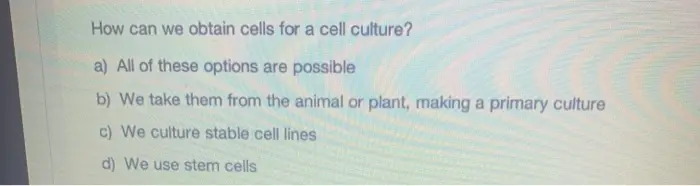 How can we obtain cells for a cell culture? a) All of these options are possible b) We take them from the animal or plant, making a primary culture c) We culture stable cell lines d) We use stem cells