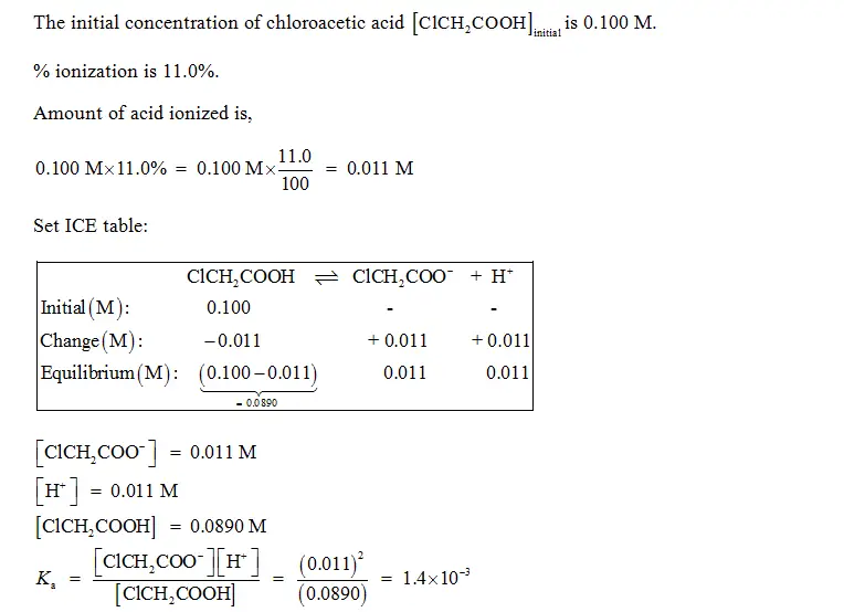 A 0.100 M solution of achloroacetic acid
(ClCH2COOH) is 11.0% ionized. Using this information,
calculateeach of the following.
[ClCH2COO-]M
[H+]M
[ClCH2COOH]MKa for chloroacetic acid