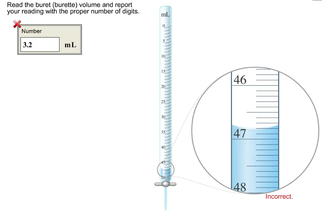 Read the buret (burette) volume and report your reading with the proper number of digits. mL Number 3.2 mL 10 15 46 20 25 30 47 35 40 48 Incorrect. 
Read the buret volume at the bottom of the meniscus. Report the buret reading to one digit beyond the markings on the buret. Remember that the volume starts at zero at the top of the buret - the opposite of what would be seen when reading a graduated cylinder. Since the markings are at every tenth of a milliliter, the volume level is between 46.8 mL and 46.9 mL. Mentally divide up the space between those markings and estimate one more digit