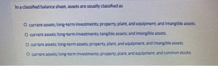 In a classified balance sheet, assets are usually classified as O current assets; long-term investments; property, plant, and equipment, and intangible assets. O current assets, long-term investments, tangible assets; and intangible assets. O current assets, long-term assets: property, plant, and equipment; and intangible assets. O current assets: long-term investments: property, plant, and equipment and common stocks,