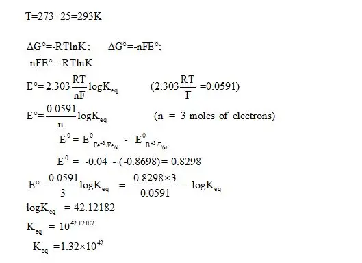 Calculate the equilibrium constant, K, for the following
reaction at 25 °C.

Fe3+(aq) + B(s) + 6H2O(l)  Fe(s)+ H3BO3(s) + 3H3O+(aq) The balanced reduction half-reactions for the above equation and their respective standard reduction potential values (E degree) are as follows: