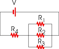 Find the equivalent resistance of the circuit shown in the
figure. Assume that V = 30.0 V, R1 = 17.6 ?, R2 = 9.45 ?, R3 = 5.05
? and R4 = 12.9 ?.
RwRWR