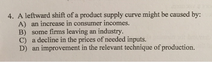 A leftward shift of a product supply curve might be caused by: an increase in consumer incomes. some firms leaving an industry. a decline in the prices of needed inputs. an improvement in the relevant technique of production.