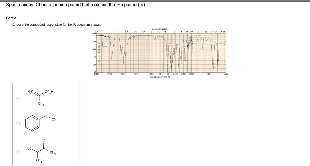 Please help with matching the structure to the IR
spectra?
Spectroscopy: Choose the compound that matches the IR spectra (Ill) Part A Choose the compound responsible for the IR spectrum shown. 45 CN CH wavelength (nm) 55 wavenumber em 5 16