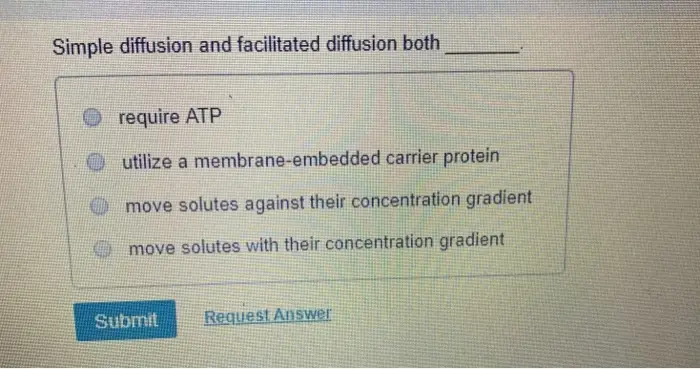 Simple diffusion and facilitated diffusion both . require ATP O utilize a membrane-embedded carrier protein O move solutes against their concentration gradient move solutes with their concentration gradient Submit