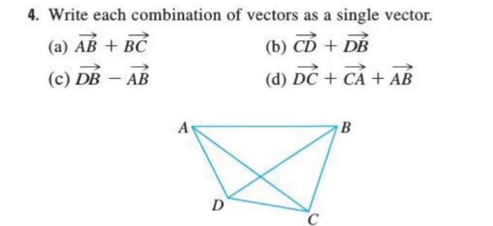 help with this please


4. Write each combination of vectors as a single vector. (a)AB + BC (b) CD + DB (c) DB-AB (d) DC + CA + AB