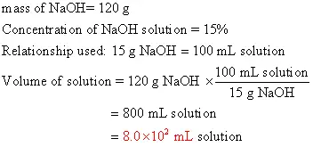 What volume (mL) of a 15% (m/v) NaOH solution contains 120 g NaOH? 8.0 times 10^2 mL 120 mL 18mL 13 mL 0.13 mL