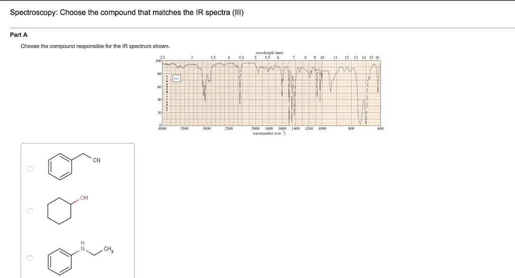 Please help with matching the structure to the IR
spectra?
Spectroscopy: Choose the compound that matches the IR spectra (Ill) Part A Choose the compound responsible for the IR spectrum shown. 45 CN CH wavelength (nm) 55 wavenumber em 5 16