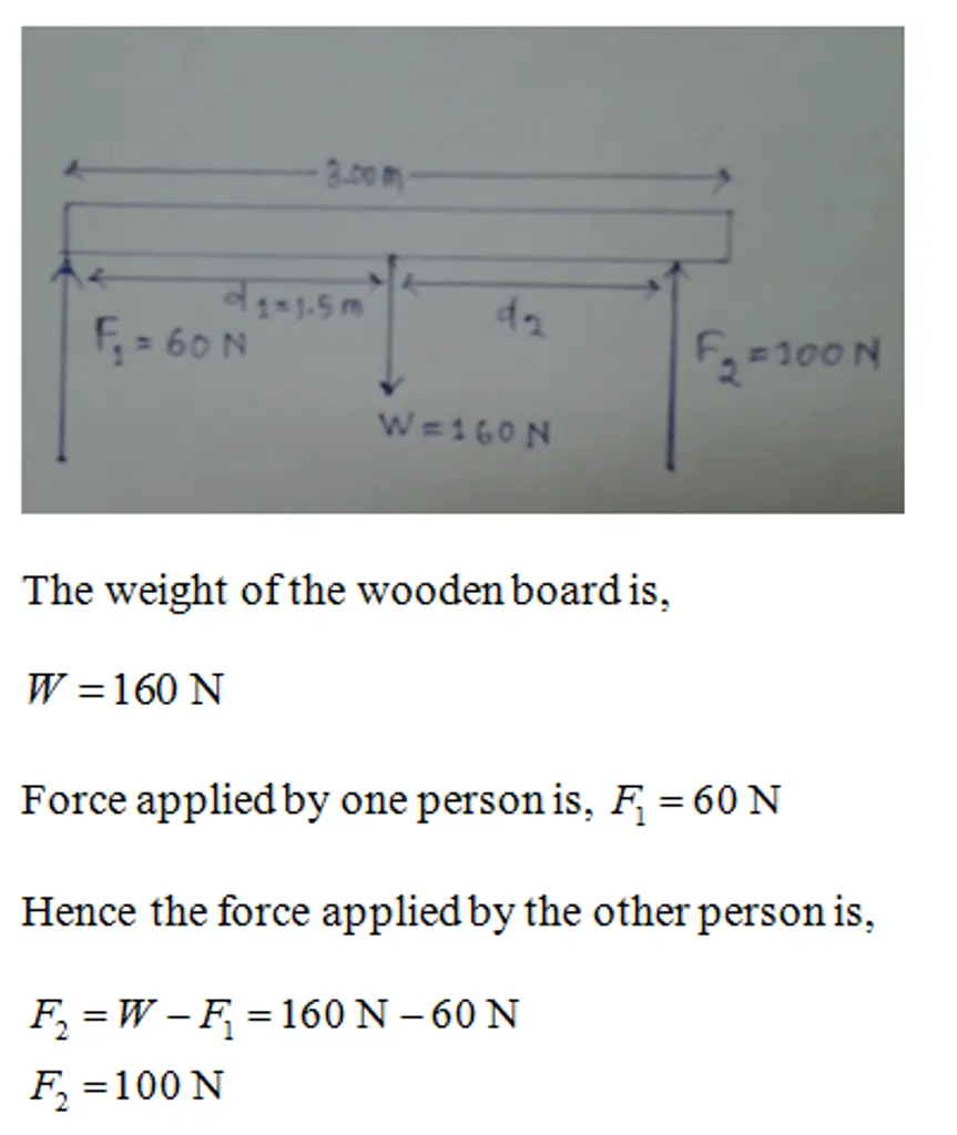 Two people are carrying a uniform wooden board that is 3.00 m
longand weighs 160 N. If one person applies an upward force equalto
60 N at one end, at what point does the other person lift? Begin
with a free body diagram of the board.