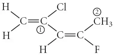 Consider the molecule below. Determine the molecular
geometry at each of the 2 labeled carbons.

A) C1 = tetrahedral, C2 = linear
B) C1 = trigonal planar, C2 = bent
C) C1 = bent, C2 = trigonal planar 
D) C1 = trigonal planar, C2 = tetrahedral
E) None of the above
CEC