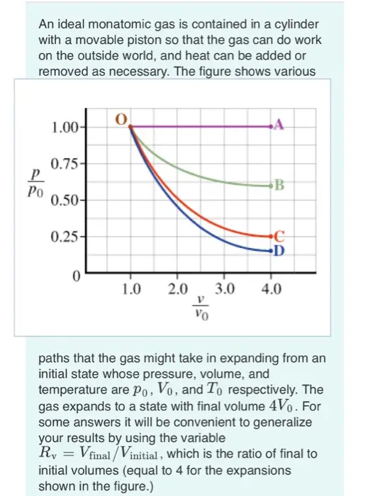 Calculate WA, the work done by the gas as it expands along
path A from V0 to VA=RvV0.
Express WA in terms of p0, V0, and Rv.

An ideal monatomic gas is contained in a cylinder with a movable piston so that the gas can do work on the outside world, and heat can be added or removed as necessary. The figure shows various 1.00- 0.75- P. Po 0.50- 0.25- -D 2.0 3.0 1.0 4.0 Vo paths that the gas might take in expanding from an initial state whose pressure, volume, and temperature are Po, Vo, and To respectively. The gas expands to a state with final volume 4Vo. For some answers it will be convenient to generalize your results by using the variable Ry = Vfinal /Vinitial , which is the ratio of final to initial volumes (equal to 4 for the expansions shown in the figure.) 
Calculate WA, the work done by the gas as it expands along path A from Vo to VA = R,Vo. Express WA in terms of Po, Vo, and Rv. View Available Hint(s) ΑΣφ WA %3D