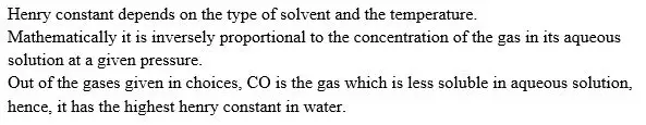Which of the following should have the largest Henrys law
constant (kh) in water?


Part A which of the following should have the largest Henrys law constant (kH) in water? CH3CH3 CO2 Xe CO Ar My Answers Give Up Submit Incorrect, correct answer displayed O Type here to search