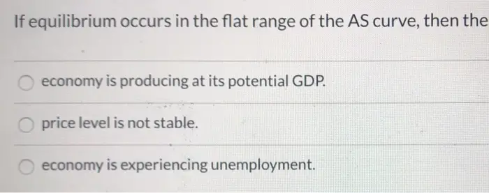 The term full employment GDP is synonymous with which of the following? aggregate GDP macroeconomic equilibrium potential GDP 
Real GDP can pass potential GDP but only in the long run. intermediate run. short run. 
If equilibrium occurs in the flat range of the AS curve, then the economy is producing at its potential GDP. price level is not stable. economy is experiencing unemployment.