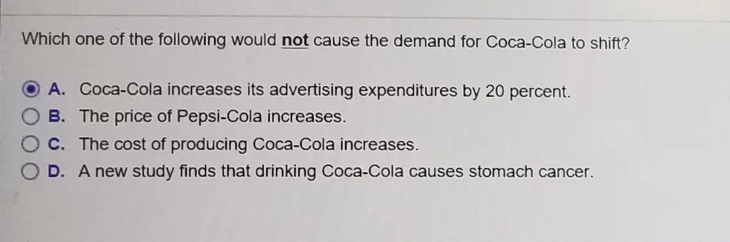 Which one of the following would not cause the demand for Coca-Cola to shift? A. Coca-Cola increases its advertising expenditures by 20 percent. B. The price of Pepsi-Cola increases. C. The cost of producing Coca-Cola increases. D. A new study finds that drinking Coca-Cola causes stomach cancer.