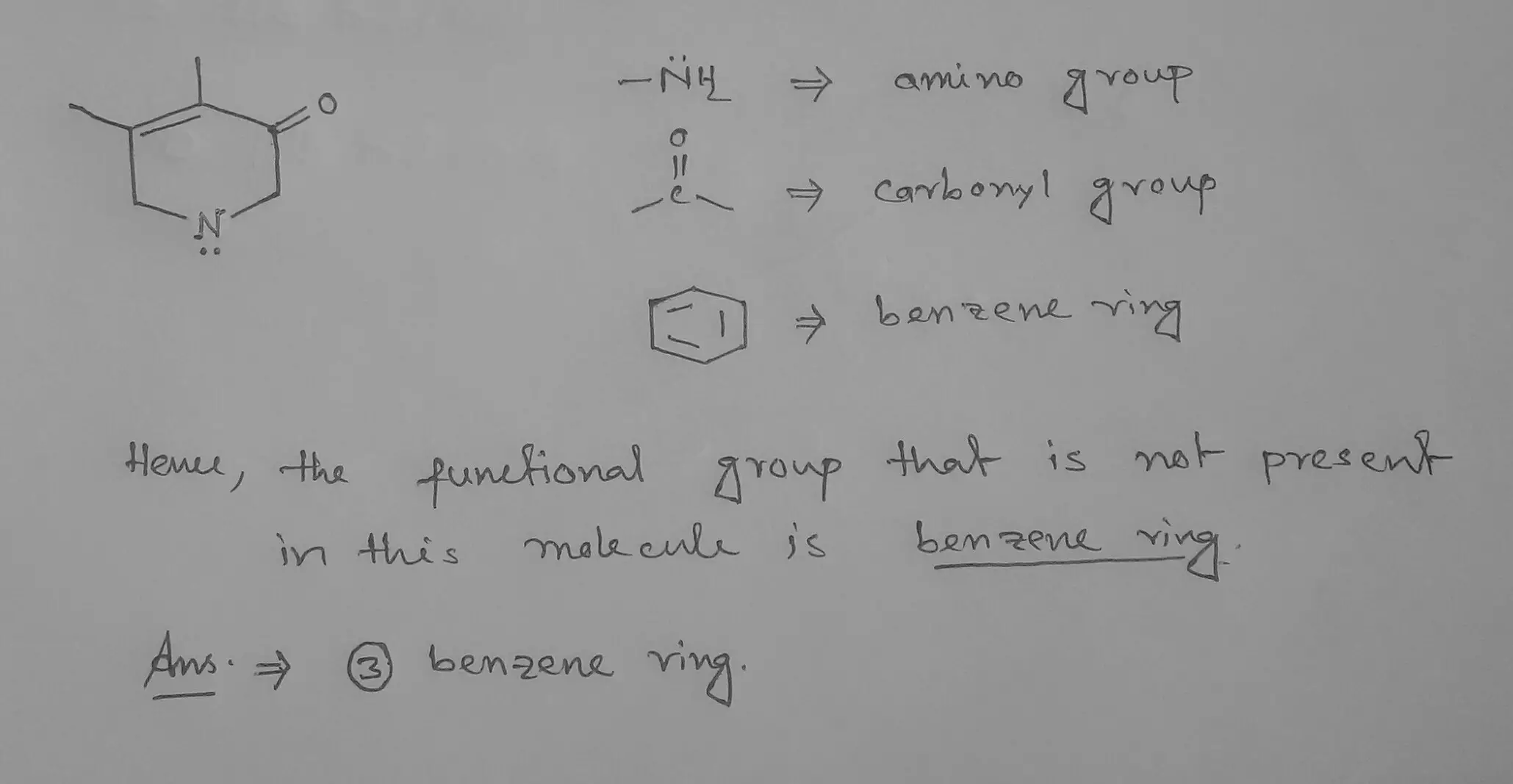 Question 29 (1 point) Which functional group is not present in the molecule shown here? 1) carbonyl group 2) amino group 3) benzene ring 4] All of the functional groups mentioned above appear in this molecule.