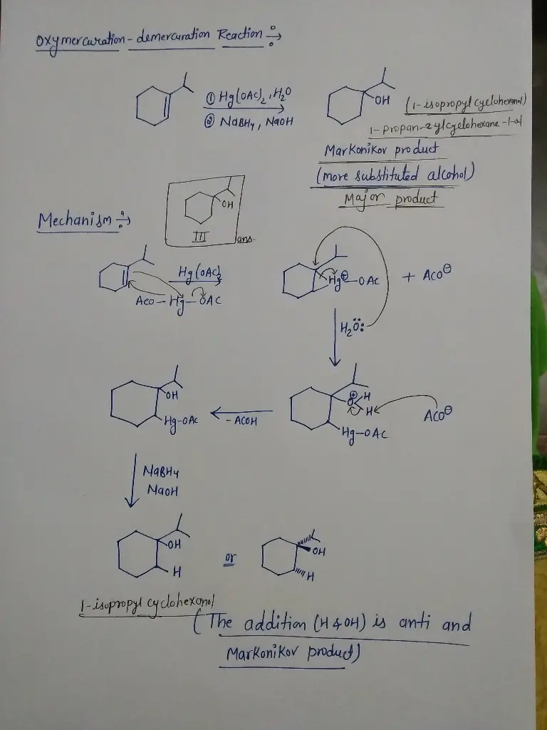 What is the expected major product for the following reaction? 1. Hg(OAc)2 H2O 2. NaBH4. NaOH OH +enantiomer OH +enantiomer + enantiomer