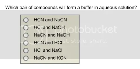 Which pair of compounds will form a buffer in aqueous solution? HCN and NaCN HCl and NaOH NaCN and NaOH HCN and HCl HCl and NaCl NaCN and KCN