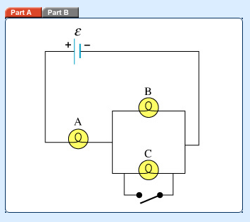 In this problem denotes the emf provided by the source, and is
the resistance of each bulb. Part A Bulbs A, B, and C in the figure
(Part A figure) are identical and the switch is an ideal conductor.
How does closing the switch in the figure affect the potential
difference?

Check all that apply. 
The potential difference across A is unchanged.
The potential difference across B drops to zero.
The potential difference across A increases by 50%.
The potential difference across B drops by 50%.