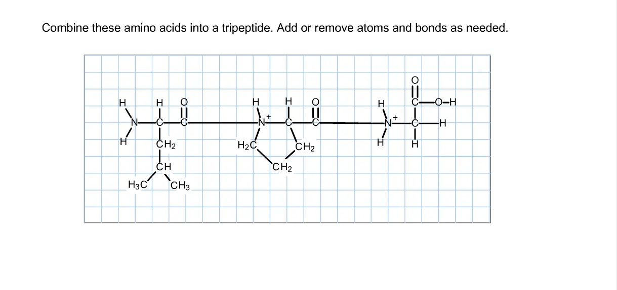 Combine these amino acids into a tripeptide. Add or remove atoms
and bonds as needed.
You can see I have changed a few things, I
just can not seem to get it.