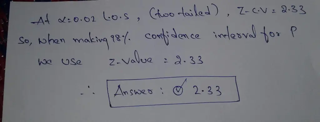 What value of z should we use when making a 98% confidence interval for p? О 2.33 1.75 o Its impossible to make a 98% CI O 2.88