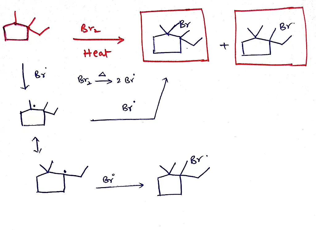 Draw the major monobromination product formed by heating the following alkane with bromine Br heat