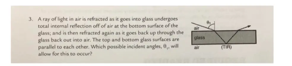 Please help!
A ray of light in air is refracted as it goes into glass undergoes total internal reflection off of air at the bottom surface of the glass; and is then refracted again as it goes back up through the glass back out into air. The top and bottom glass surfaces are parallel to each other. Which possible incident angles, 0, will allow for this to occur? 3. 01 air glass air TIR)