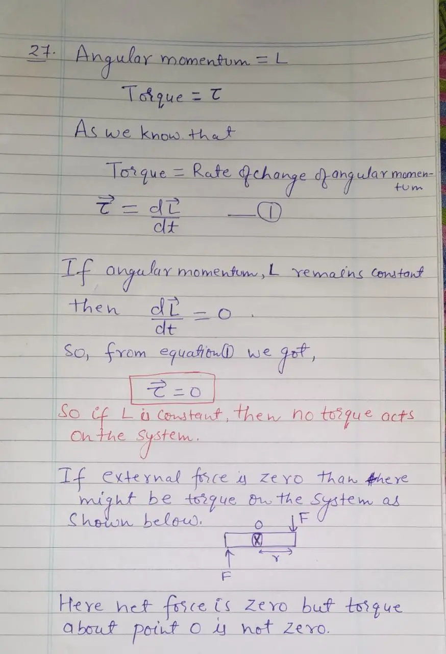 27) The angular momentum of a system remains constant A) all the time since it is a conserved quantity. B) when no torque acts on the system. C) when no net external force acts on the system. D) when the total kinetic energy is constant. E) when the linear momentum and the energy are constant. 28) While spinning down from 500.0 rpm to rest, a solid uniform flywheel (Disk) does 2.3 kJ of work. If the radius of the disk is 1.2 m, what is its mass? A) 3.0 kg D) 2.0 kg C) 2.6 kg B) 2.3 kg