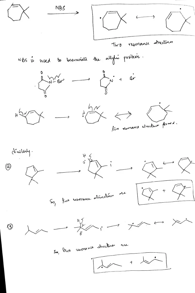 The compound below is treated with N-bromosuccinimide (NBS) in the presence of light. Draw both resonance structures for the radical produced by reaction of the compound with a bromine atom. Assume reaction occurs only at the weakest C-H bond. You do not have to consider stereochemistry. You do not have to explicitly draw H atoms. · Separate resonance structures using the艹symbol from the drop-down menu. Include all valence radical electrons in your answer. ChemDoodle