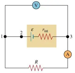 Consider the circuit shown. (Intro 1 figure) All wires are
considered ideal; that is, they have zero resistance. We will
assume for now that all other elements of the circuit are ideal,
too: The value of resistance is a constant, the internal
resistances of the battery and the ammeter are zero, and the
internal resistance of the voltmeter is infinitely large.
Intro 1:

---------------------------------------------------------------
Intro 2 

Part A
What is the reading of the voltmeter?
Express your answer in terms of the
EMF .

Part B
The voltmeter, as can be seen in the figure,
is connected to points 1 and 3. What are the respective voltage
differences between points 1 and 2 and between points 2 and
3?








































Part C
What is the reading of the ammeter?

Express your answer in terms of
and .

Now assume that the battery has a
nonzero internal resistance (but the voltmeter and the ammeter remain ideal).
(Intro 2 figure)
Part D
What is the reading of the ammeter now?
Express your answer in terms of
, , and .



Part E
What is the reading of the voltmeter
now?
Express your answer in terms of
, , and .