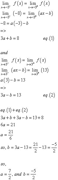 For just what values of a and b could be the after purpose constant at each x? f(x) ={ -8 x leq -35 ax -b -3 < x < 3 13 x geq 3 For what values of a and b is the function f continuous at every x? a = and b= (Type an integer or a simplified fraction.)