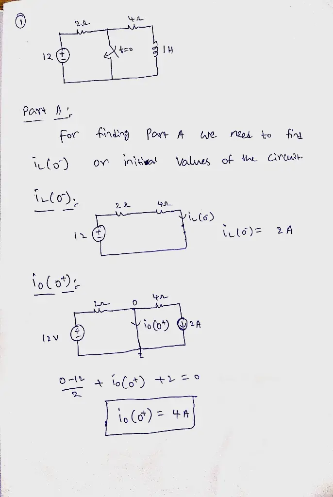 ReviewConstants Part A The switch in the circuit (Figure 1) has been open for a long time. At t0, the switch is closed. Determine i, (0+) Express your answer to three significant figures and include the appropriate units. IA i (o+)Value Units Submit Request Answer Part B Determine in (oo) Figure < 1of1 Express your answer to three significant figures and include the appropriate units. 2Ω 4Ω (0)Value Units 12 V 1 H Submit Request Answer Part C Complete previous part(s)