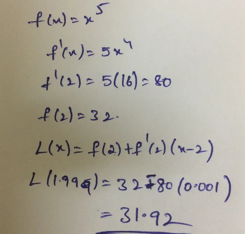 Use a linear approximation (or differentials) to estimate the given number (1.999)5